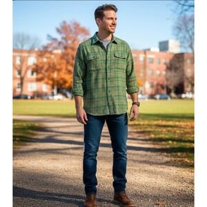 Mountain Khakis MK Plaid Flannel Shirt Men's XL Green Tan Long Sleeve Casual